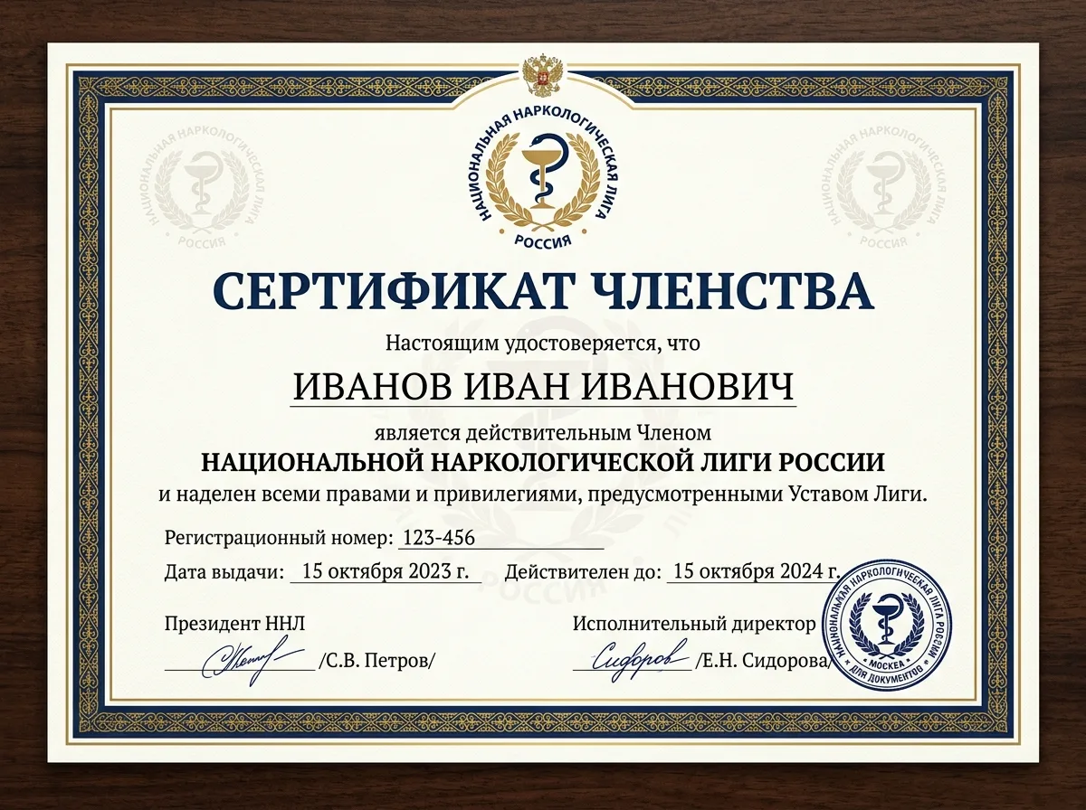 Свидетельство о членстве в Национальной наркологической лиге России, официальный документ с логотипом организации